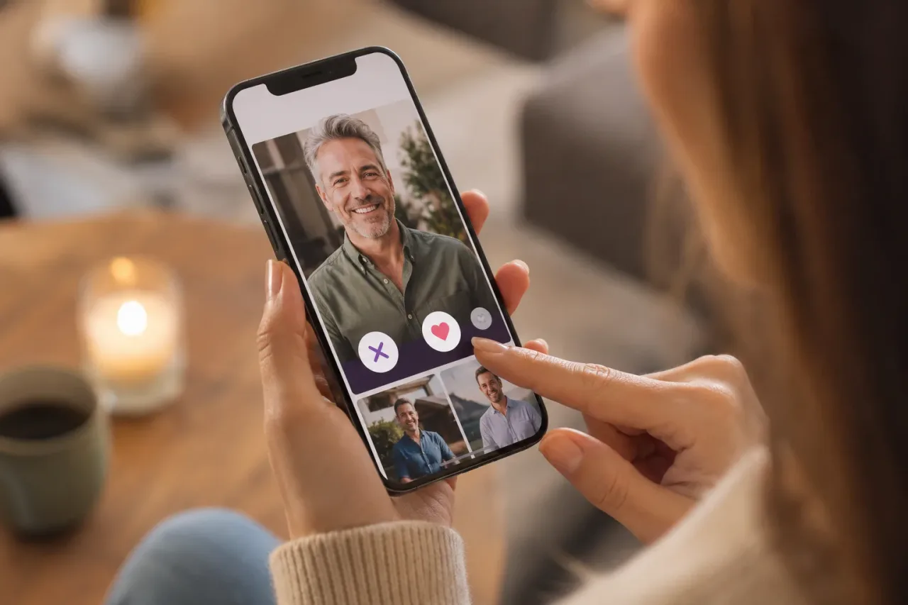 Mãos femininas segurando um celular que mostra a interface de um aplicativo de bate-papo e relacionamento com o perfil de um homem com mais de 40 anos.