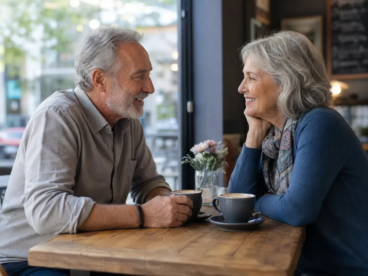 Casal de homem e mulher com aproximadamente 60 anos sentados frente a frente em um café. A imagem representa Melhores aplicativos de bate-papo para quem tem 60 anos ou mais.
