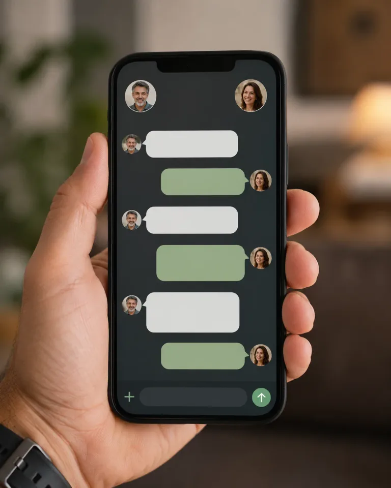Mão masculina segurando celular que mostra a interface de um aplicativo de bate-papo. A imagem represente Apps de bate-papo para 40 ou 60+