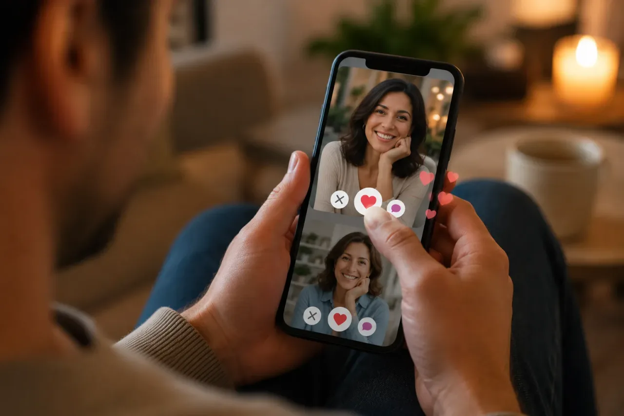 Homem segurando celular que mostra a interface com o perfil de duas mulheres em um aplicativo de relacionamento. A imagem representa Apps de Bate-Papo.