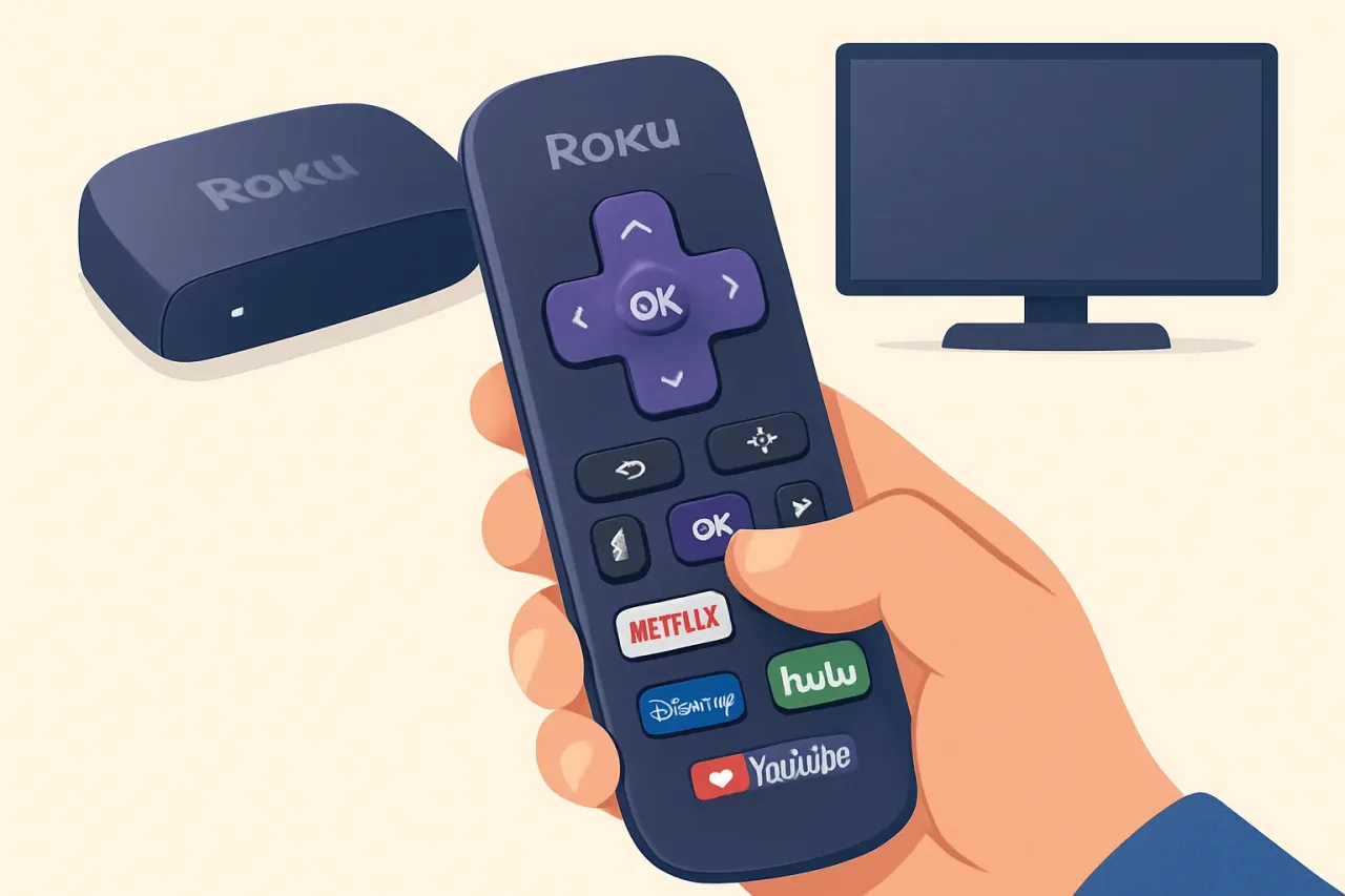 Roku Express remote highlighting popular streaming app shortcuts.