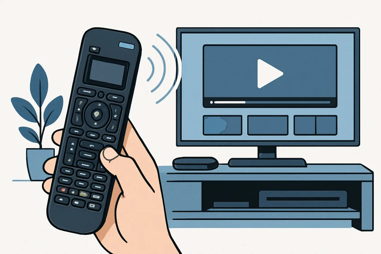 Logitech Harmony remote on a living room table
