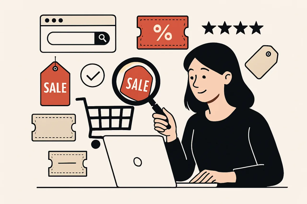 Person using a laptop to browse online deals and coupons.