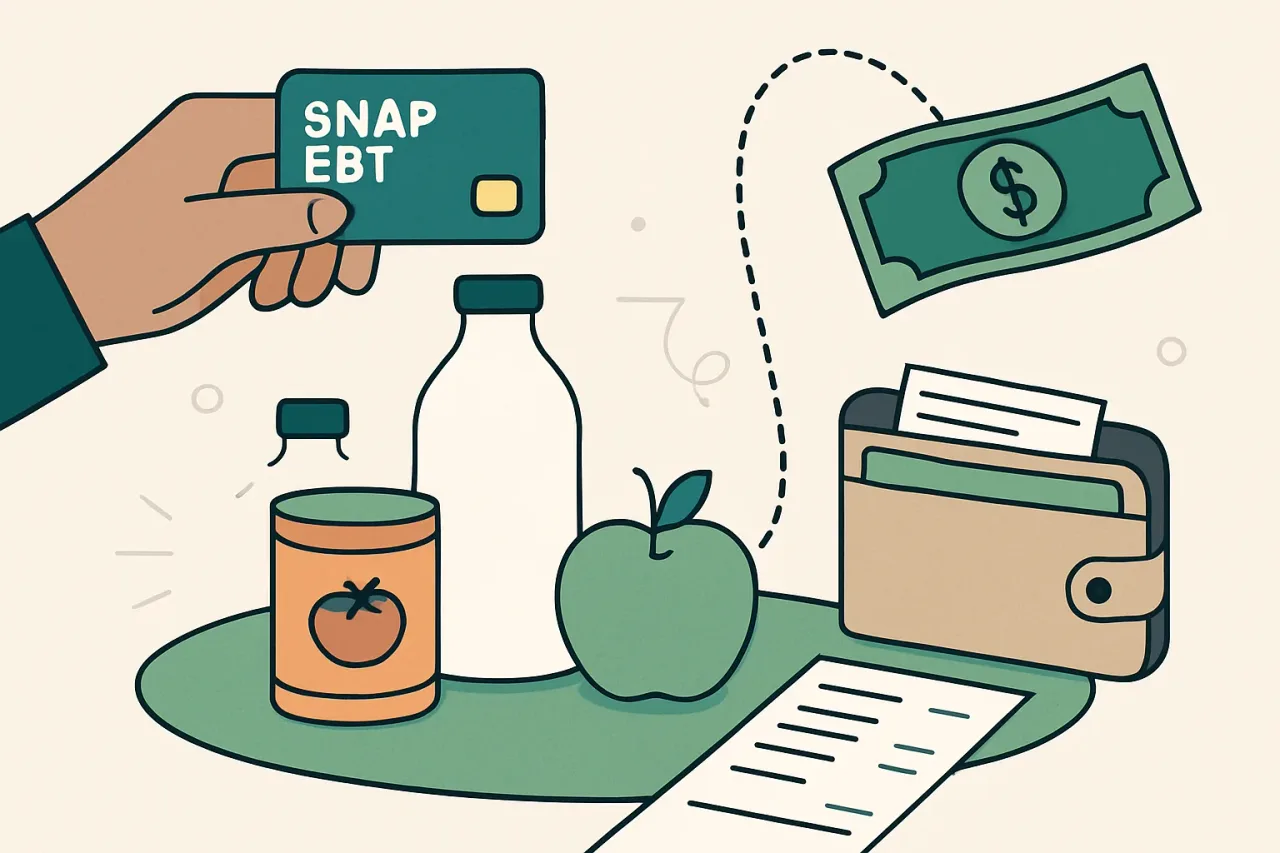 Woman swiping a SNAP EBT card at grocery store checkout