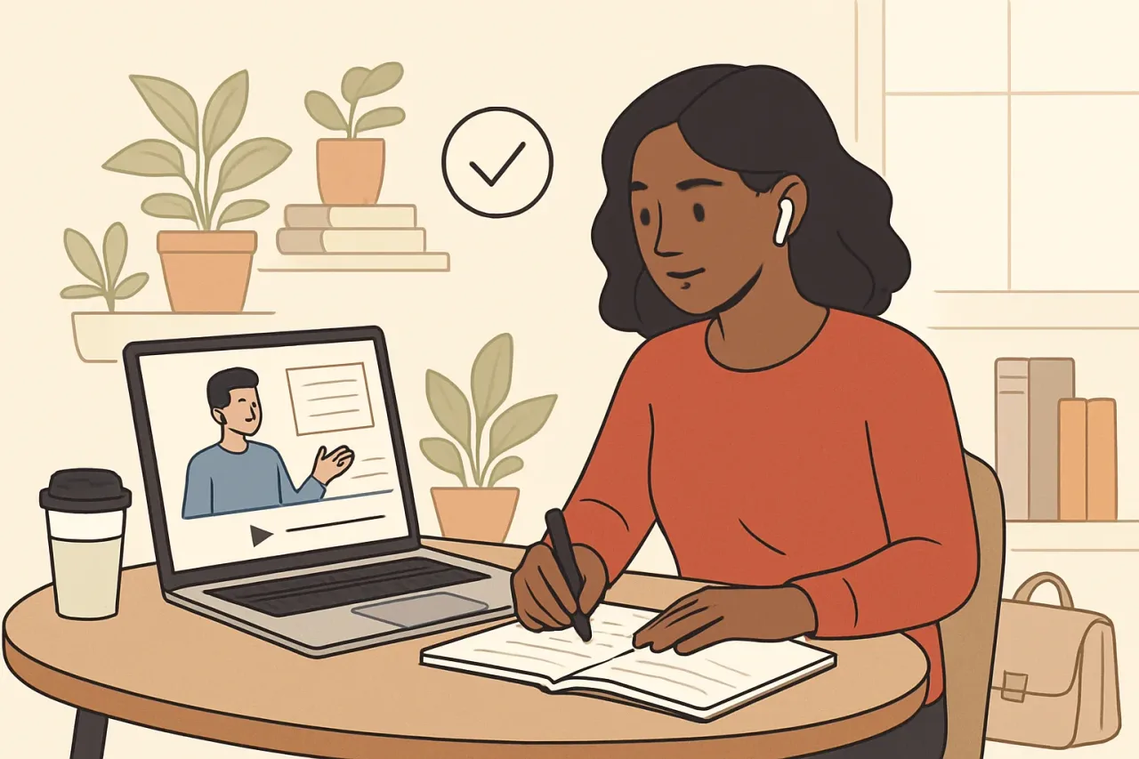 Virtual classroom interface with diverse adult students participating in an online lecture.