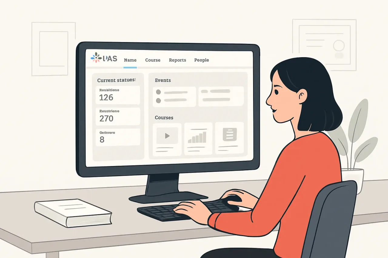 Screenshot of iSpring LMS dashboard with user management and course analytics