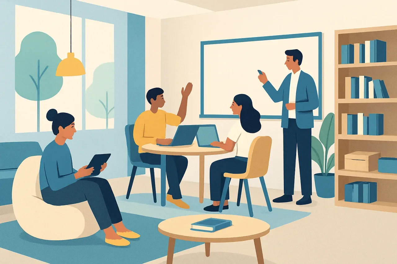 Modern e-learning setup with ergonomic features and digital tools.