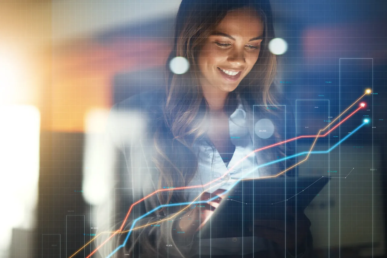business woman tablet stock market double exposure trading profit increase data growth night happy trader analyst investor with finance graphs arrow statistics overlay