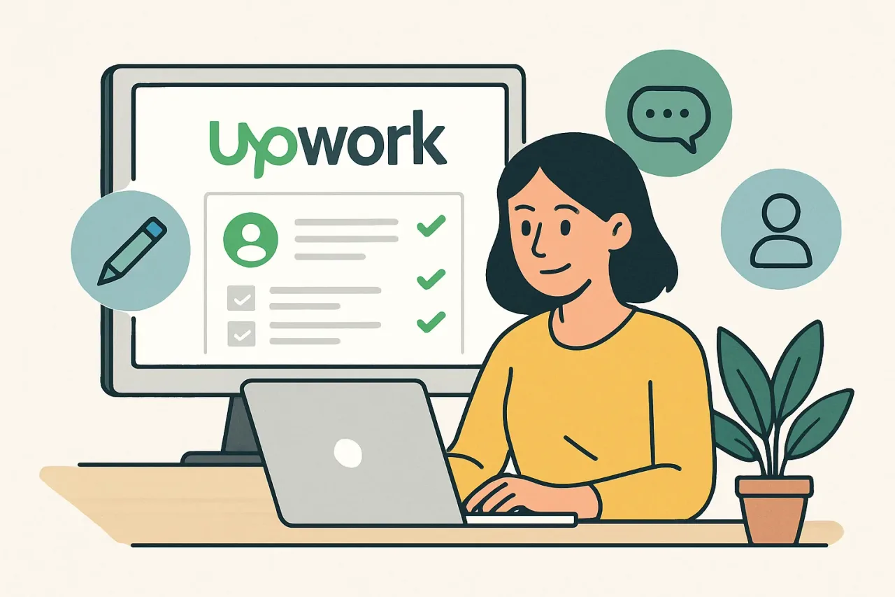 A freelancer types on a laptop while browsing Upwork job listings.