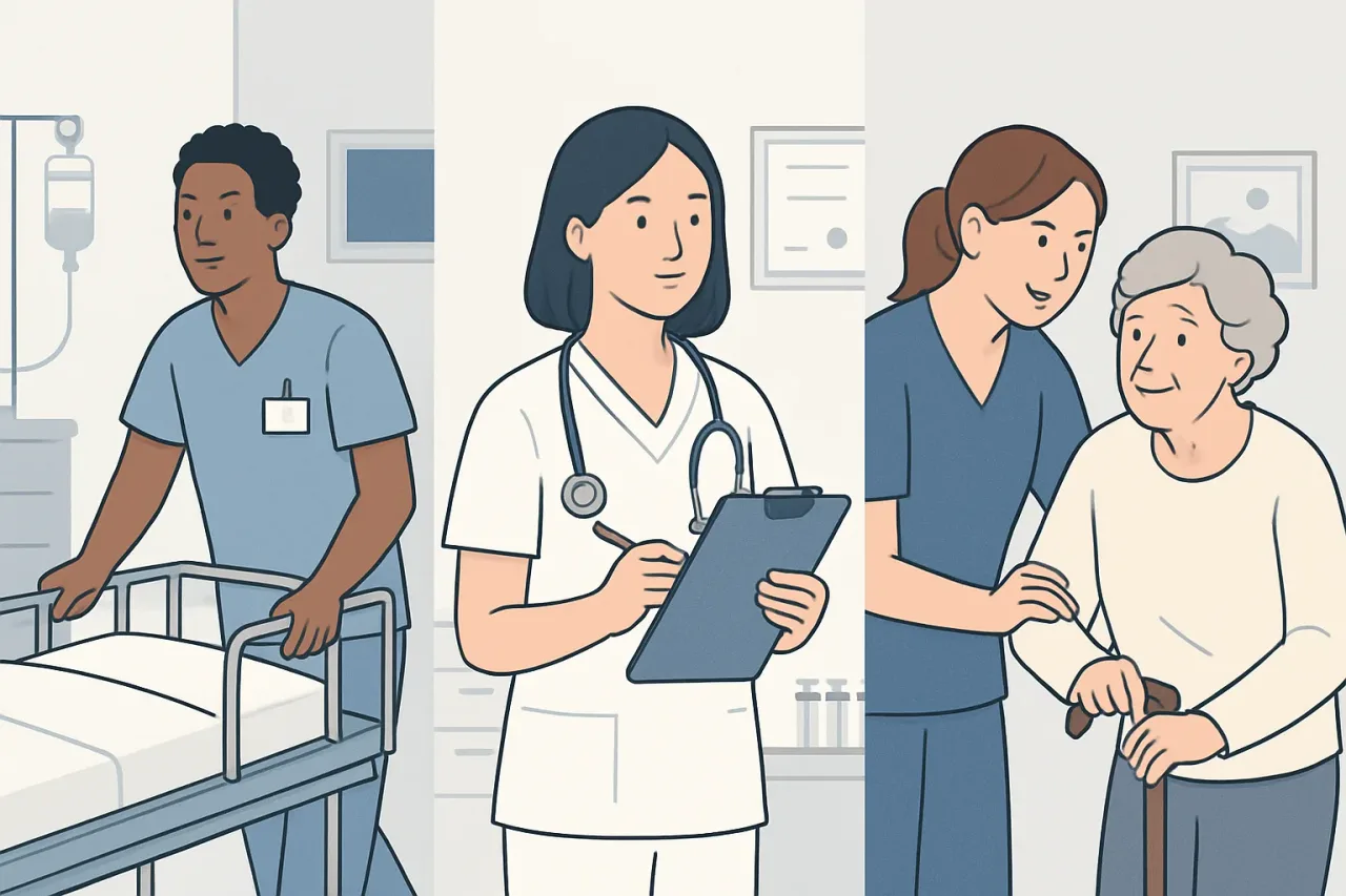 Entry-level healthcare workers assisting a patient in a clinical setting.