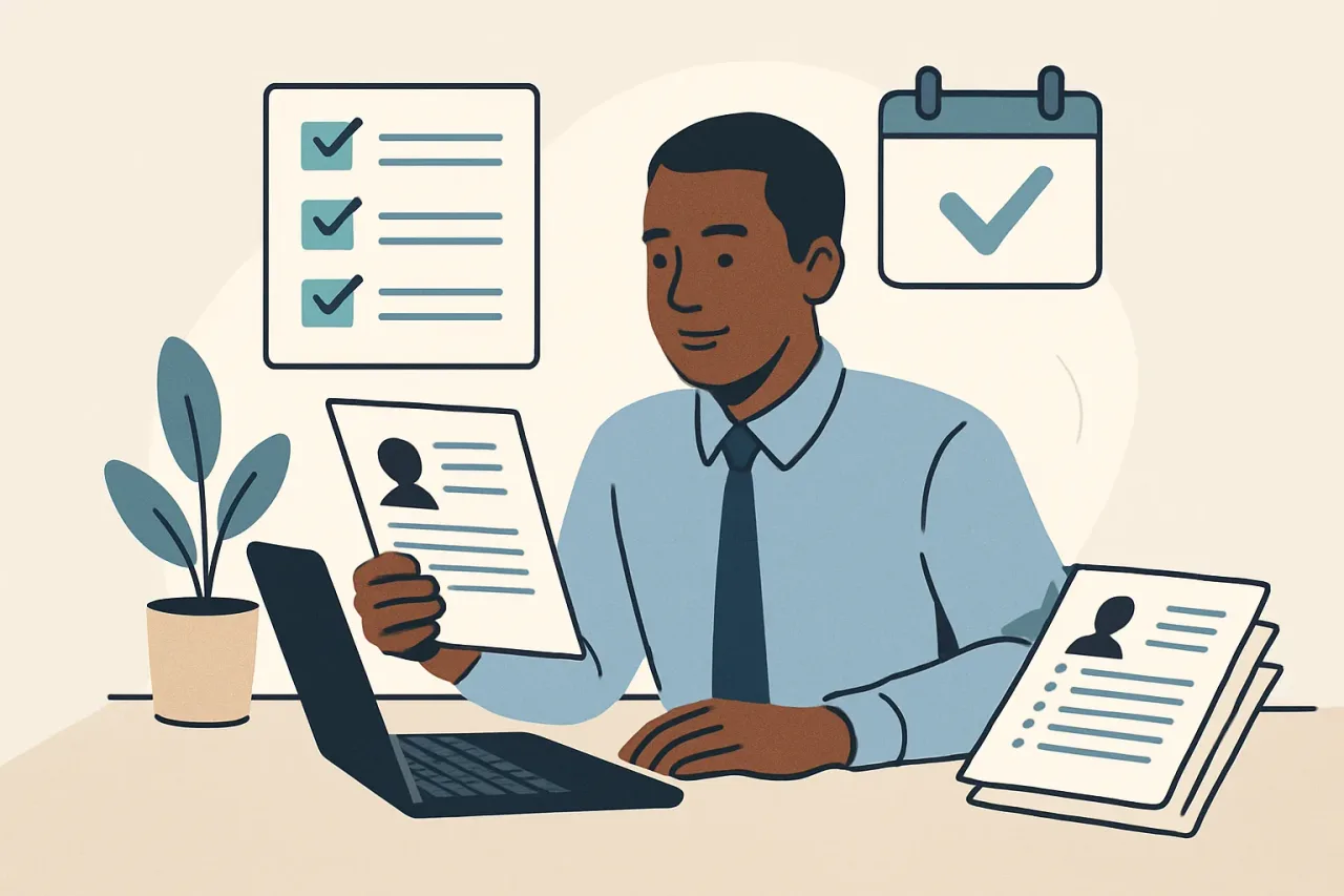 Professional reviewing reference list for job application
