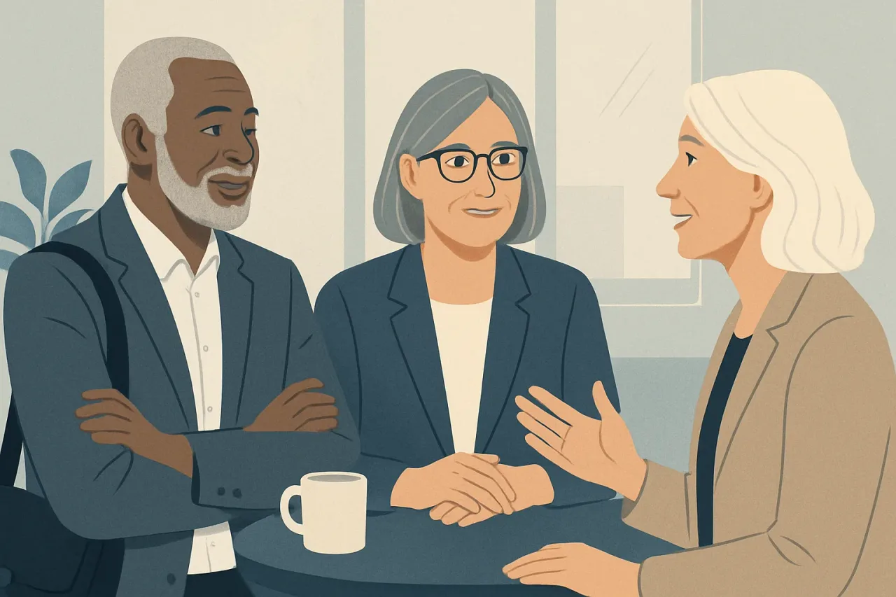 Two executives sharing advice during a virtual informational interview