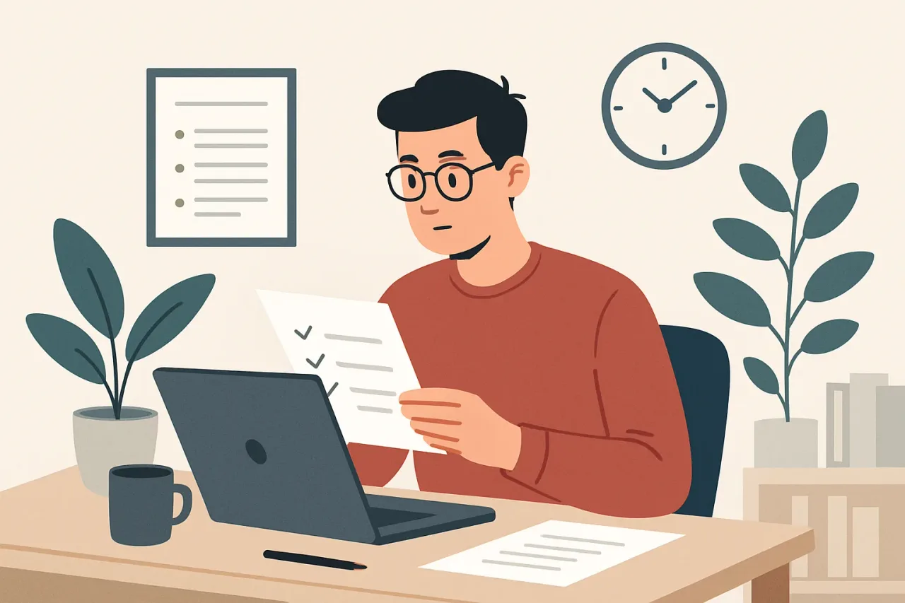 Person reads remote work policy on laptop.