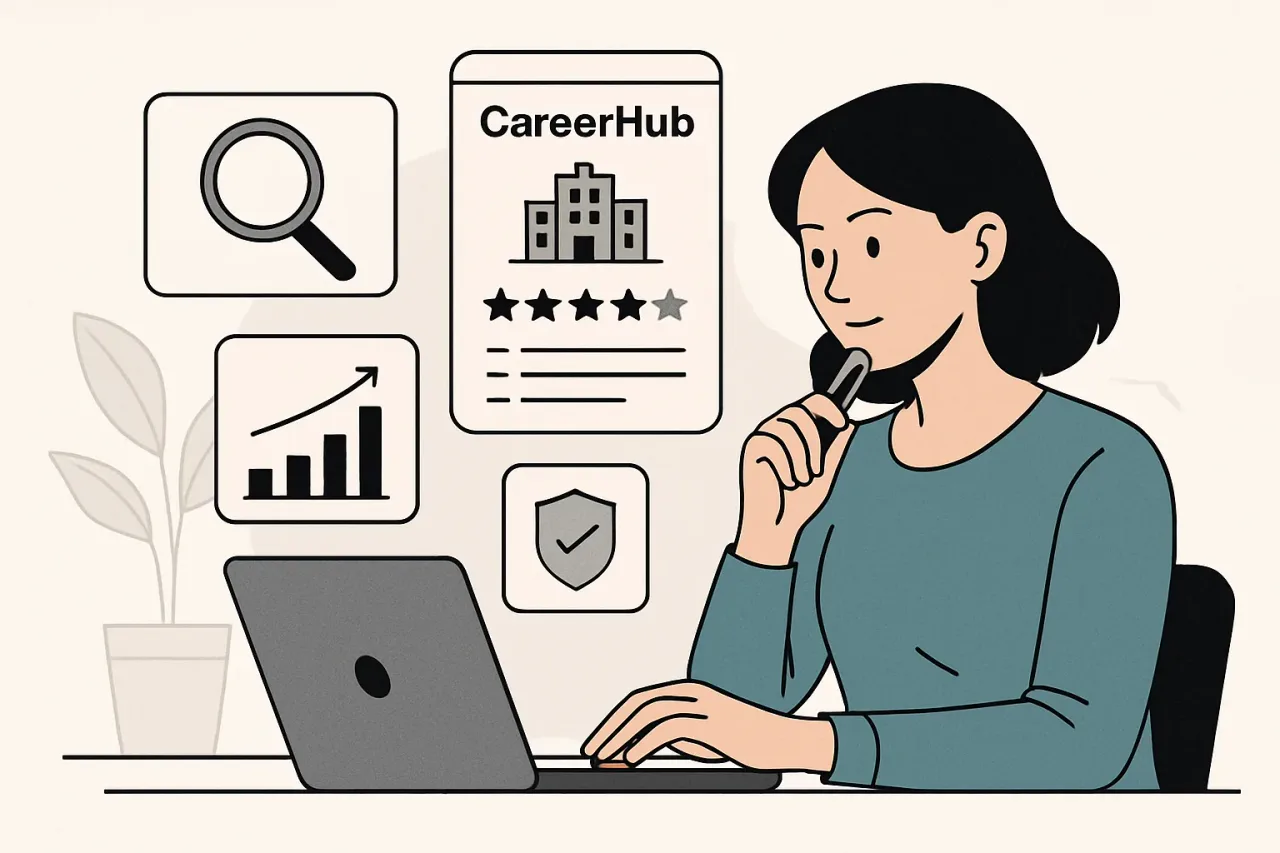 A focused job seeker reviewing company research online.