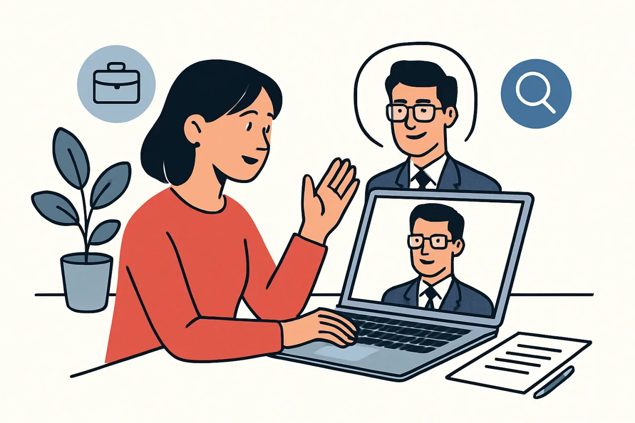 Two professionals discuss career paths virtually during an online informational interview.