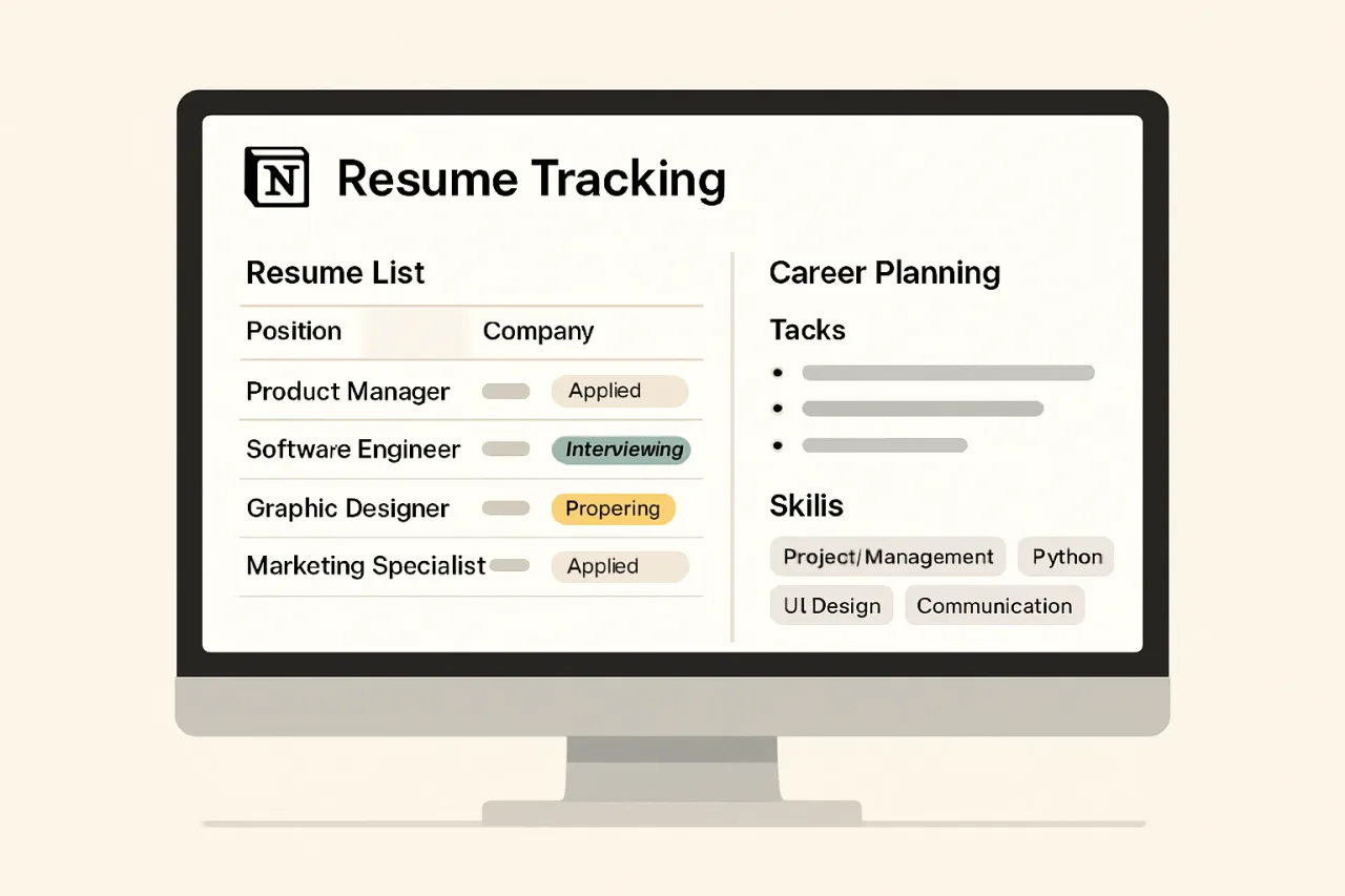 A Notion workspace showing a resume and job application tracking dashboard