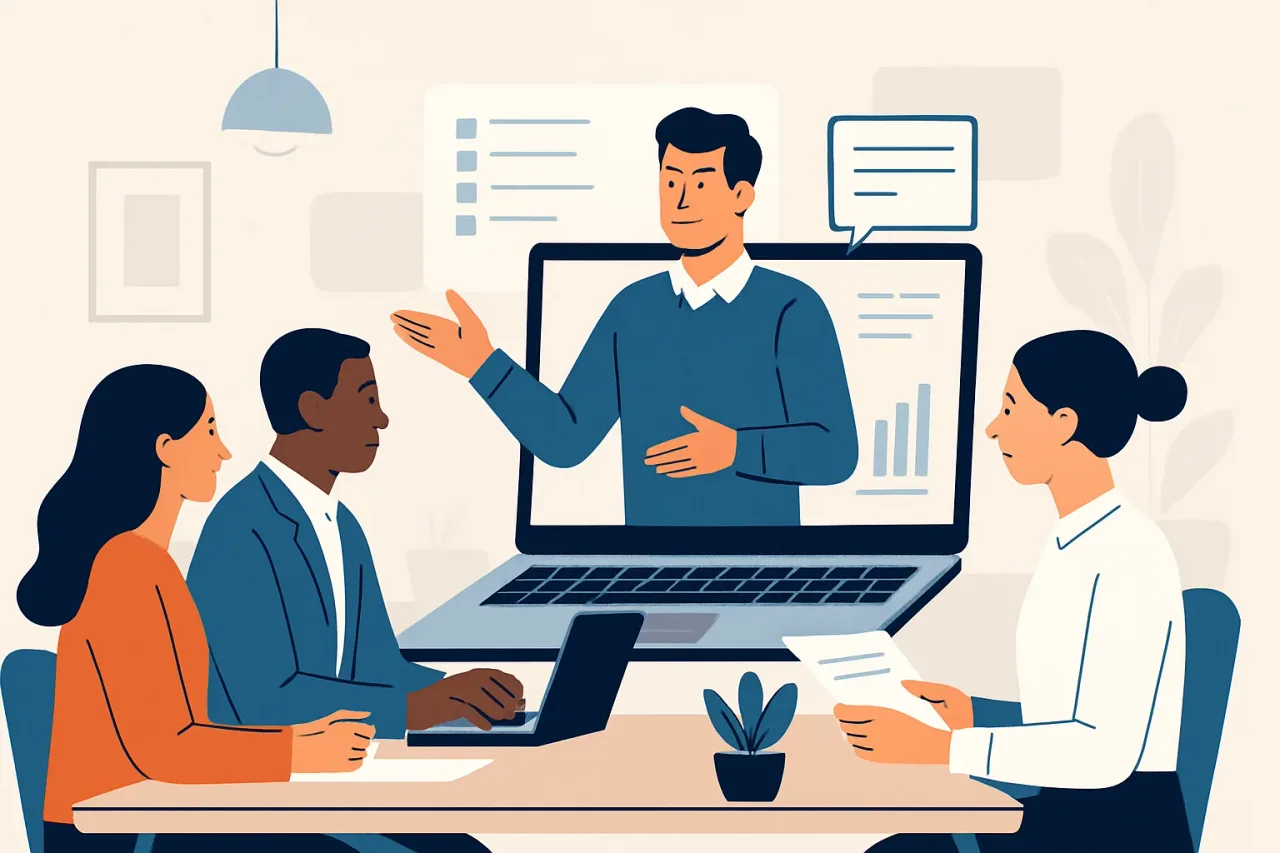 Remote employees attend a virtual onboarding meeting together.