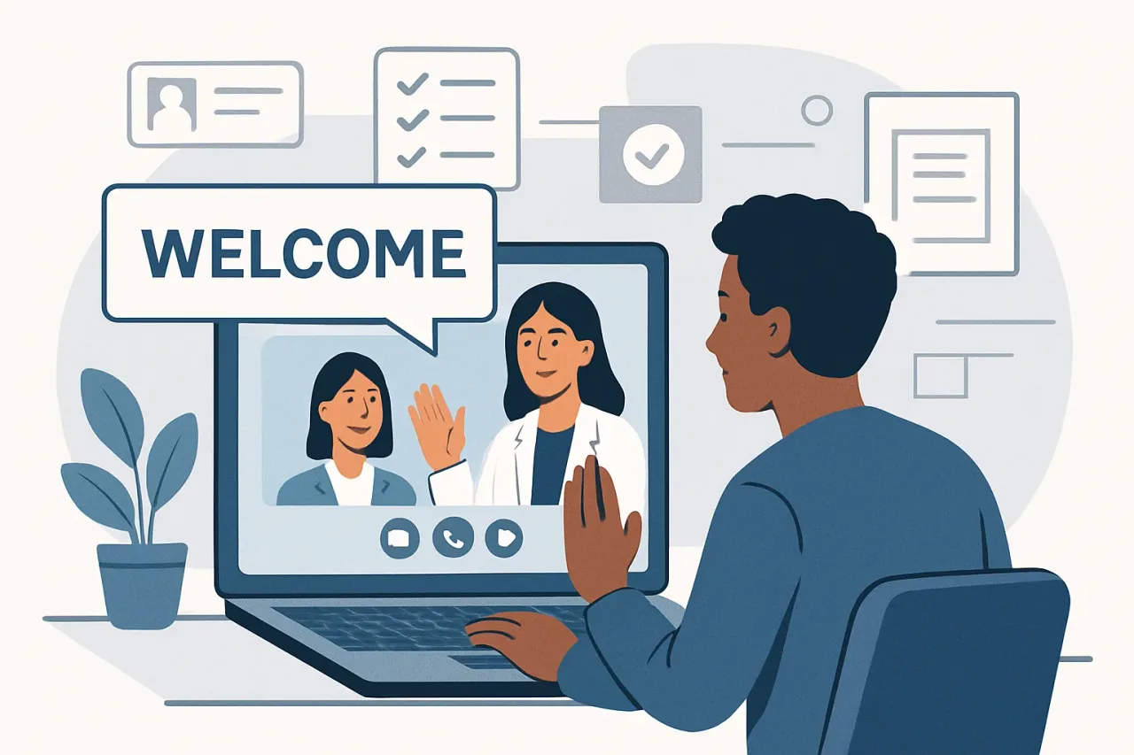 Employees using virtual onboarding tools in a remote meeting