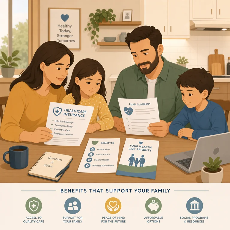 Healthcare marketplace guide illustration showing family reviewing insurance options
