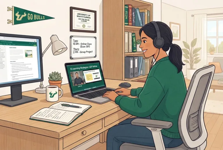 Organized home office desk with a laptop and notebook for online learning success