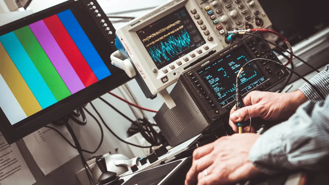 A technician using professional monitoring equipment to perform essential display calibration steps for accurate color output on a screen showing test bars.