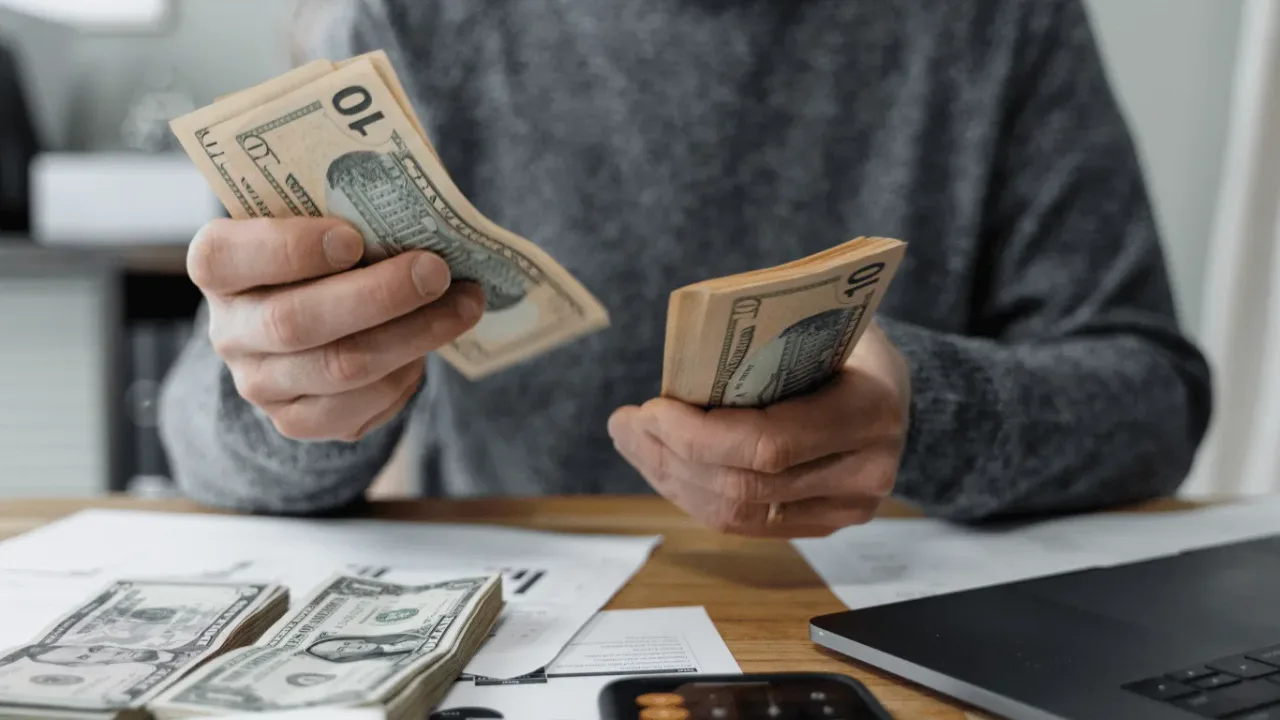 Person counting U.S. dollar bills beside paperwork, a calculator, and laptop while considering a Quick Loan.