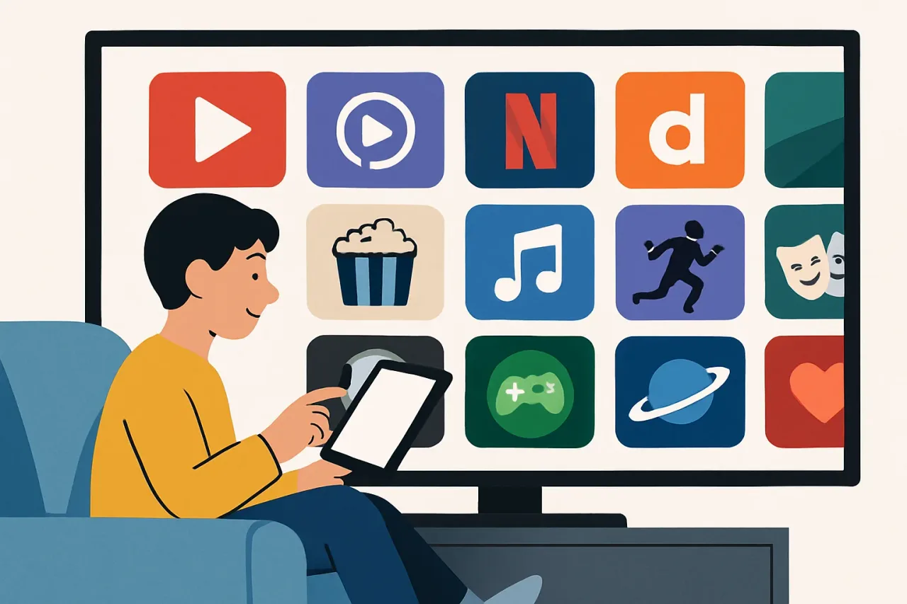 Various streaming service app icons on a TV screen.