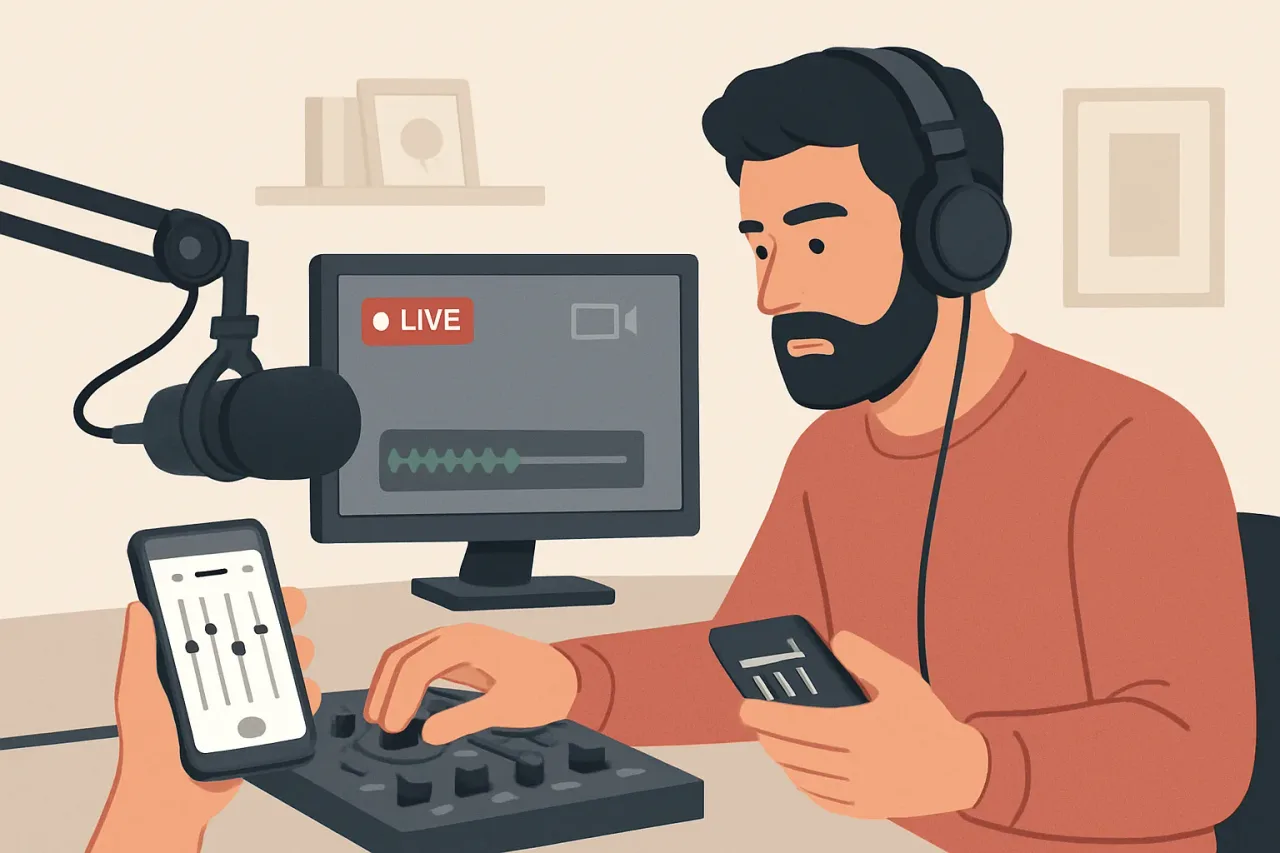 Person adjusting audio settings on StreamHub before a live broadcast