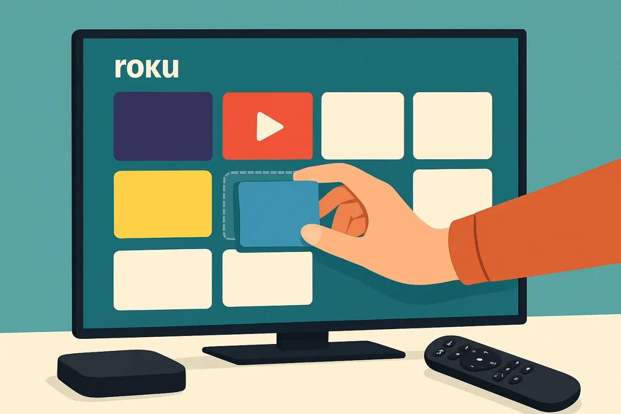 Person rearranging Roku channel icons on TV with remote.