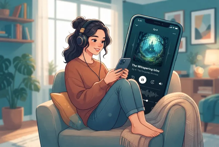 Person holding phone with headphones listening to audio drama