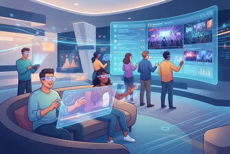 People using interactive streaming headsets and screens