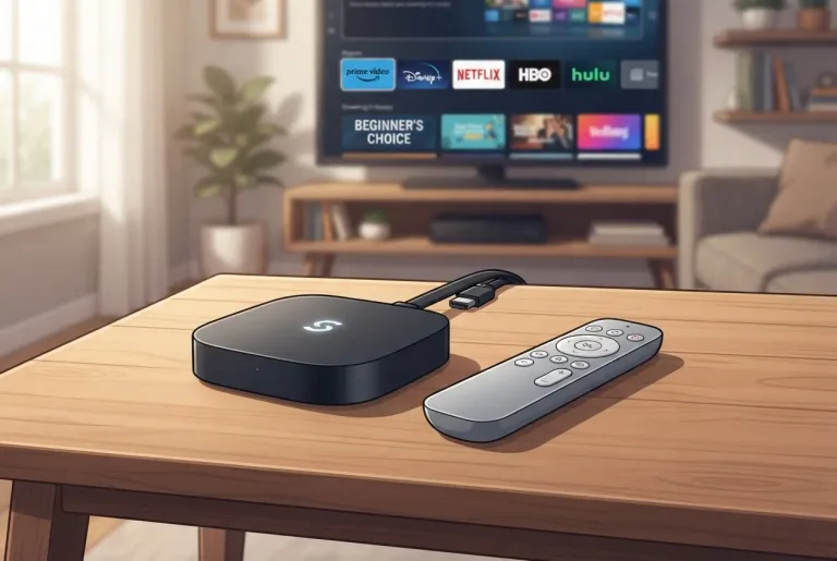 A compact streaming media device with its remote control ready for installation.