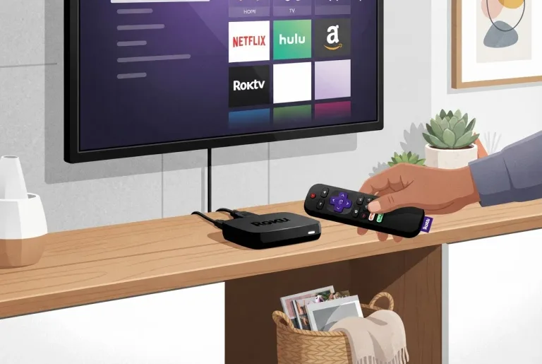 Roku Express positioned neatly below a flat screen TV.