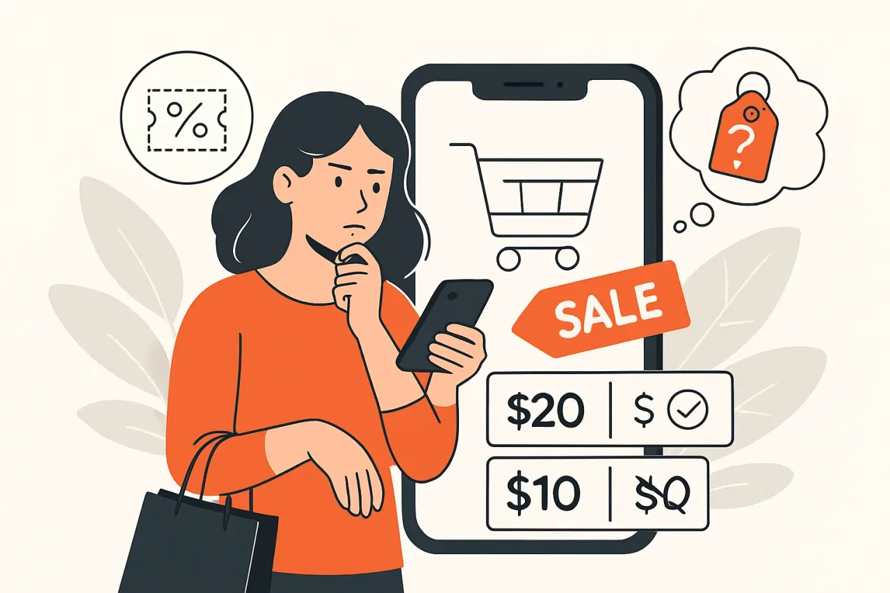 Person using price comparison app on phone with discount icons