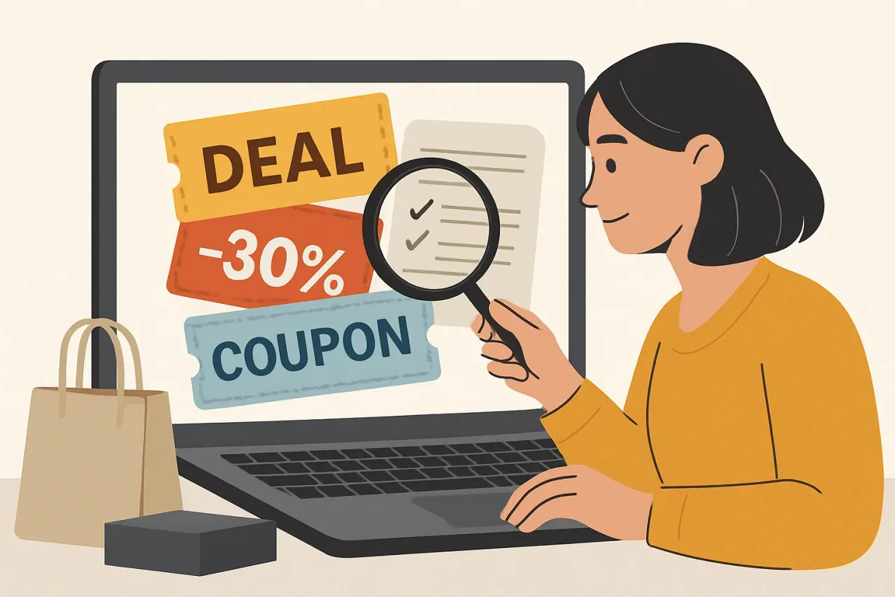 Person reviewing online shopping discounts before applying coupons