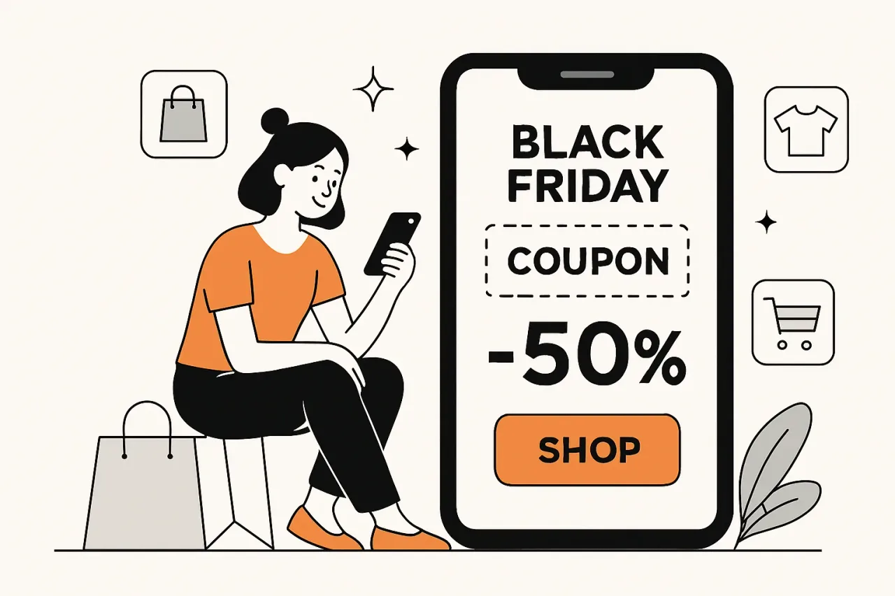 Hand holding a smartphone displaying Black Friday coupon page