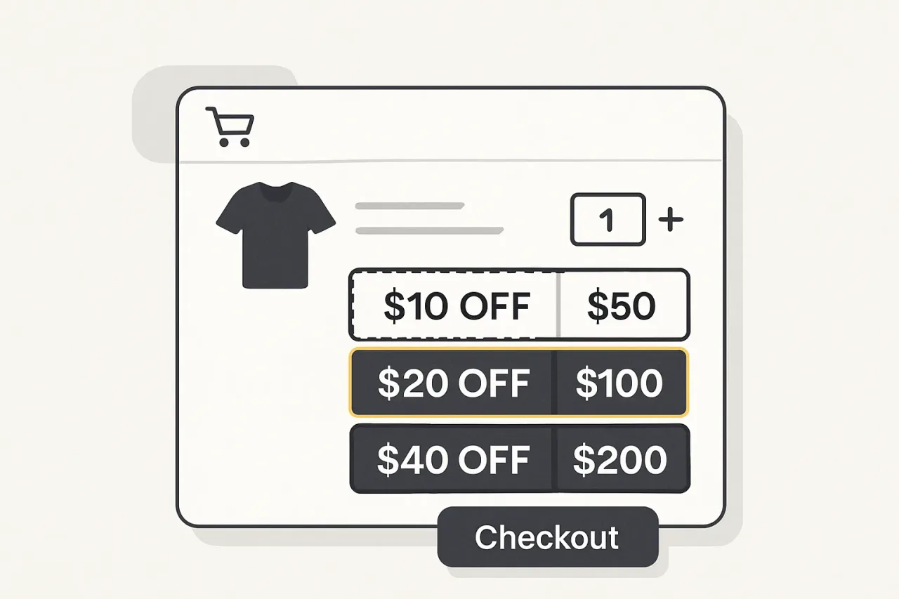 Screenshot illustrating how tiered coupons look to customers in shopping carts.