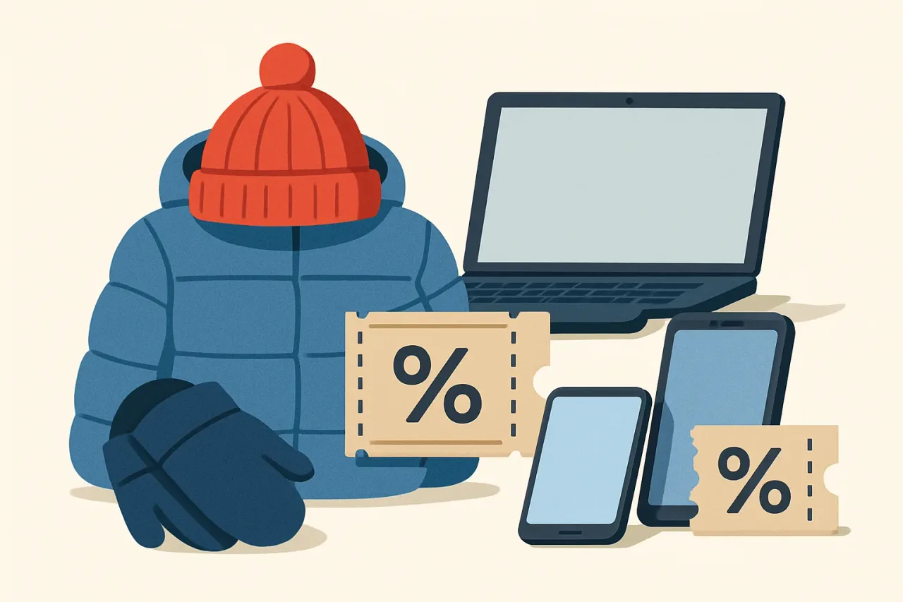 Stacked winter coats and laptops symbolize post holiday deals