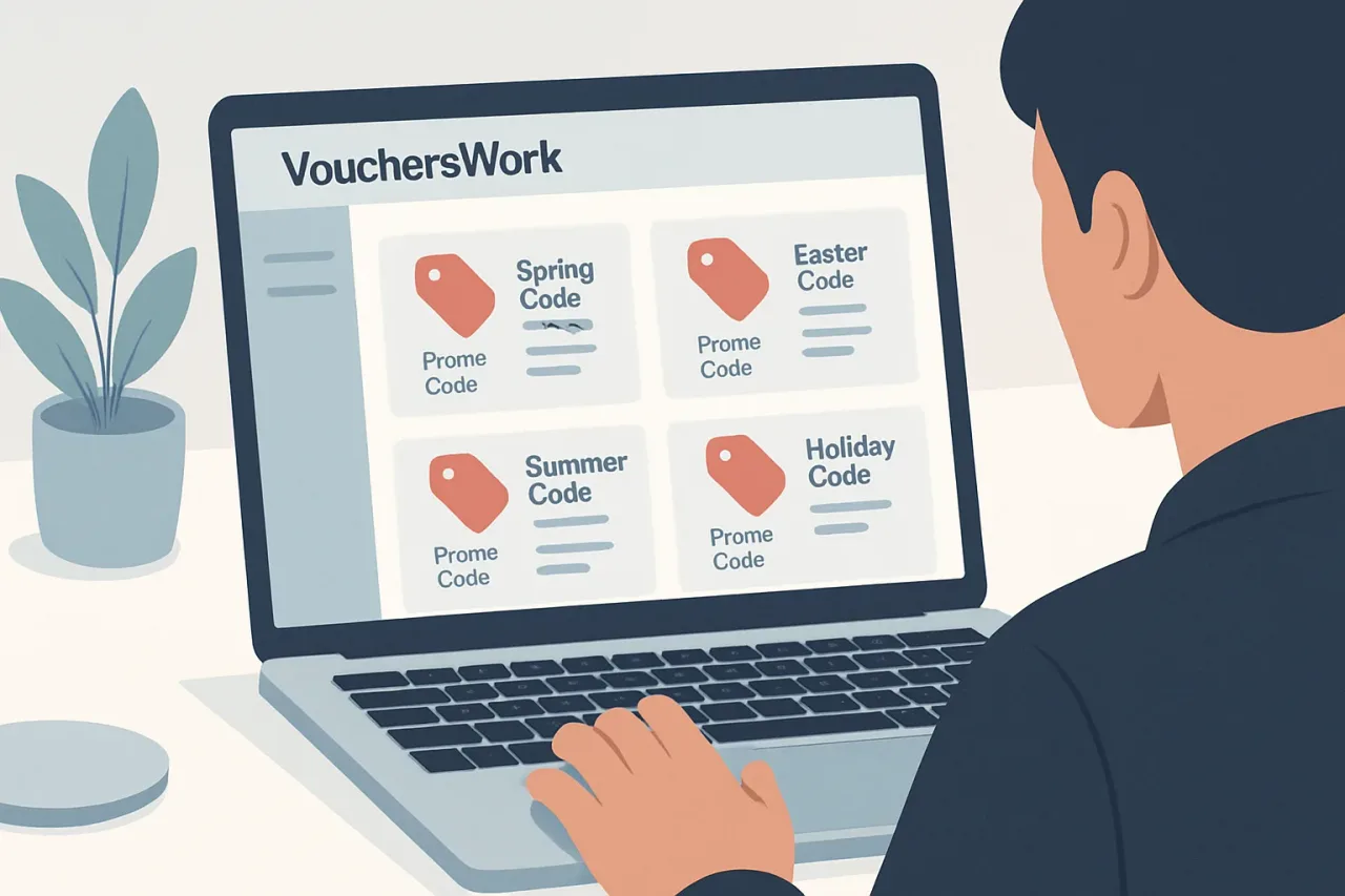 VouchersWork promo code dashboard with seasonal deals listed.