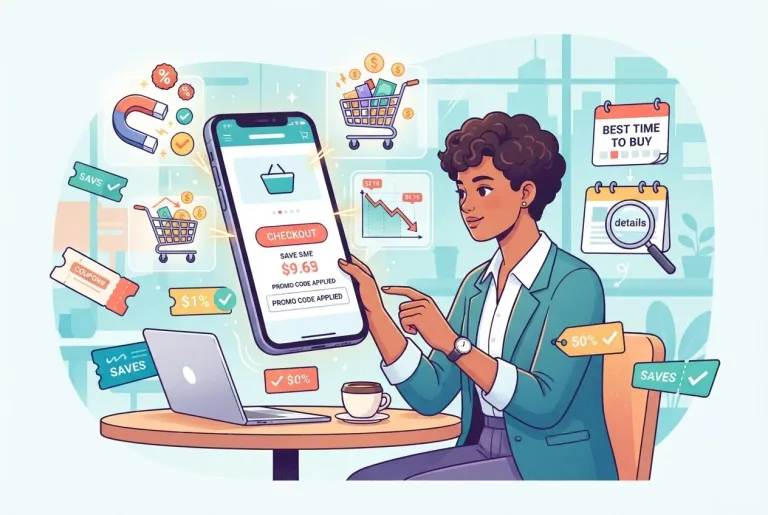 A person holding a smartphone showing coupon discounts at checkout